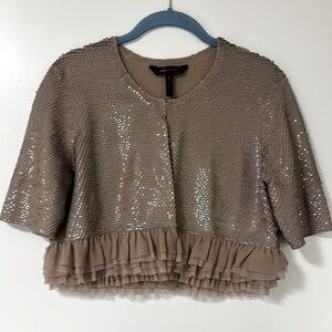 BCBGMaxAzria Sequin Embellished Taupe Jacket with Ruffle Hem